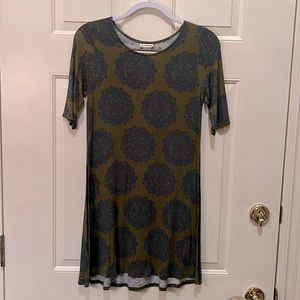 live happy by natural * life swing dress, sz small, olive green/navy